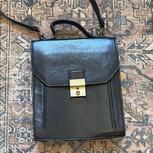 Vintage Black Leather Messenger Bag with Gold Clasp